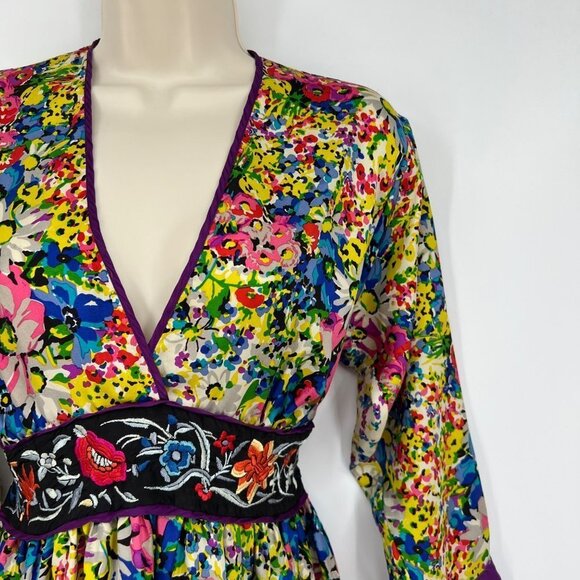 Johnny was Kimono Tunic Dress Colorful Floral Tie Back Silk Vibrant Small. - Picture 1 of 13